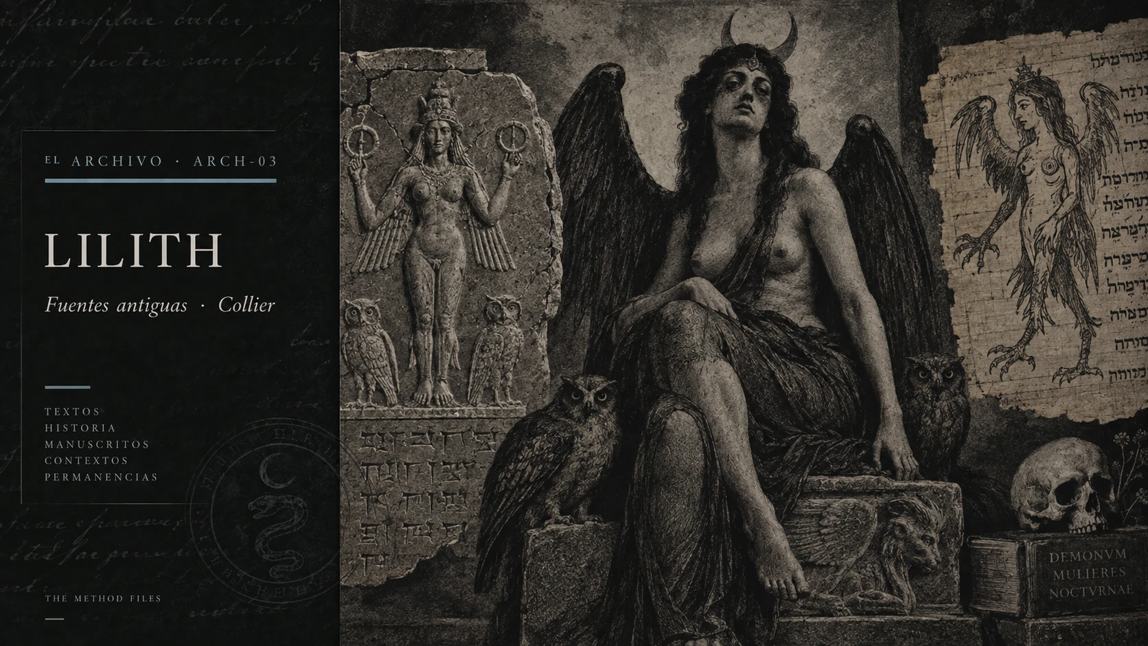 A winged female figure with owls, a relief and a manuscript illustration.