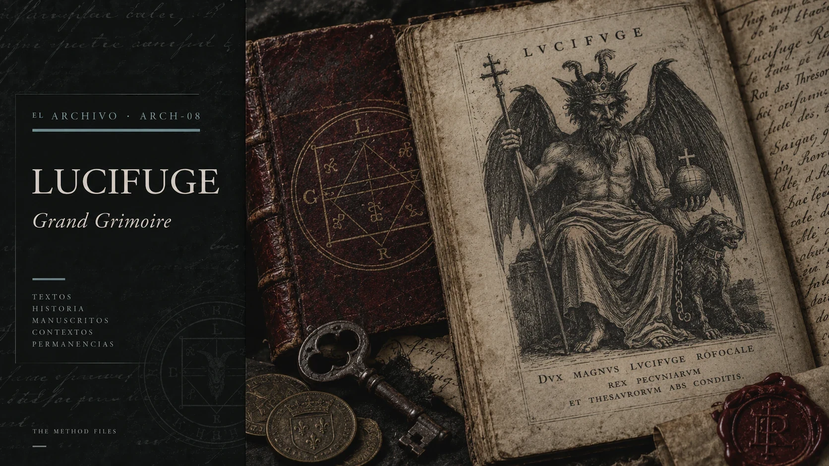 A grimoire illustration of a crowned figure, with a key and seals.