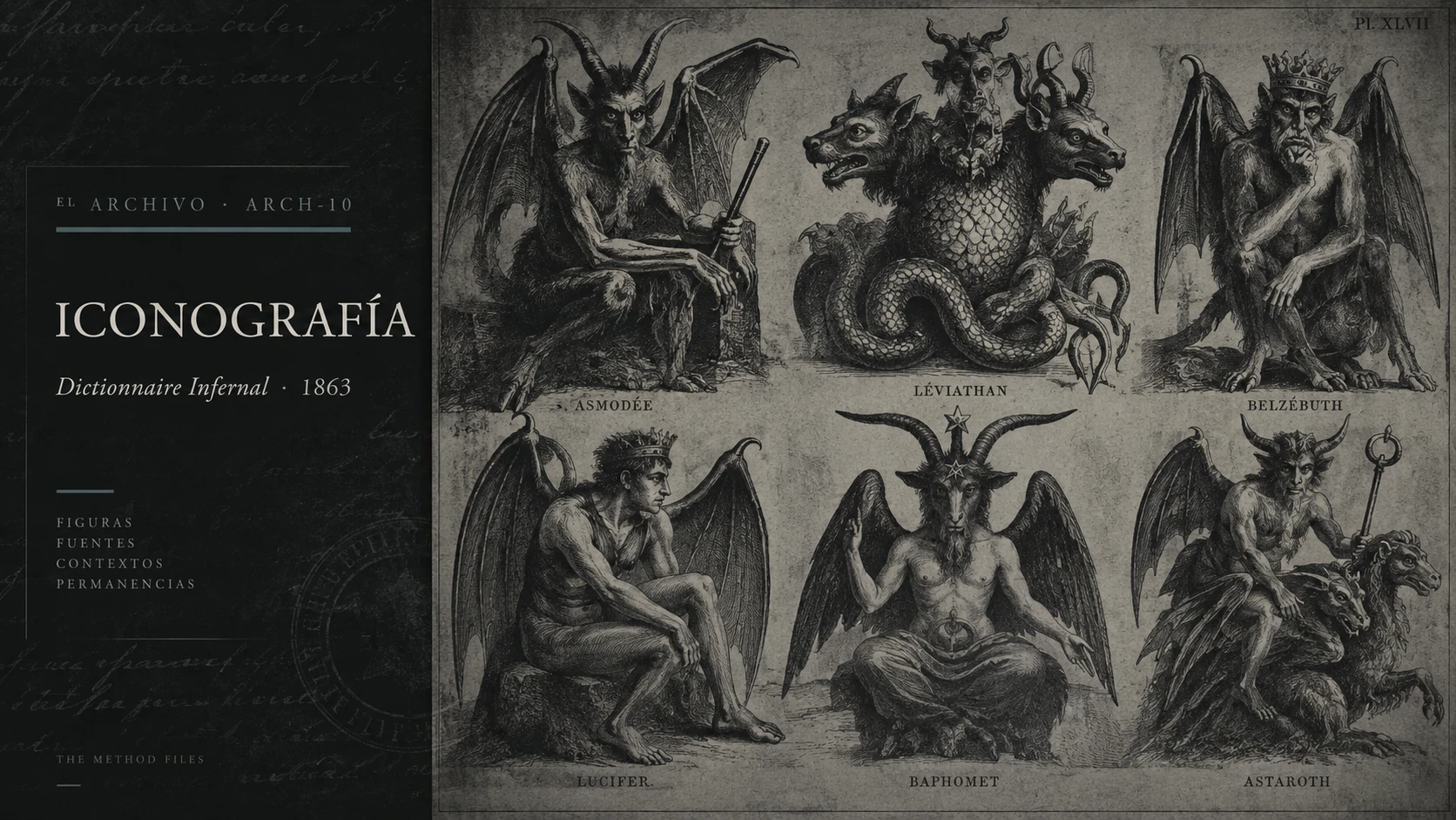 A plate arranged as six labelled portraits of demonological figures.