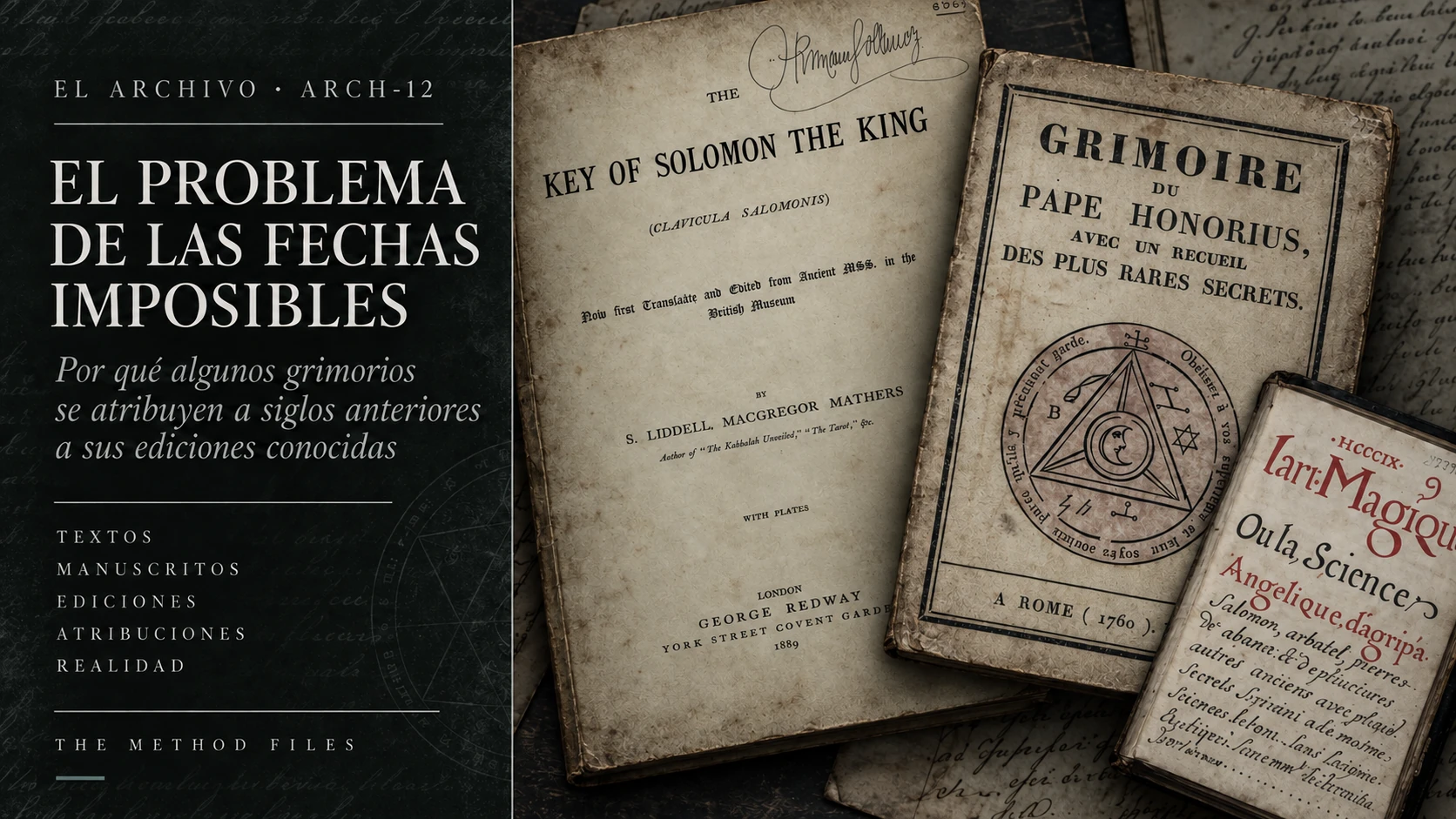 Overlapping grimoire title pages bearing different publication dates.