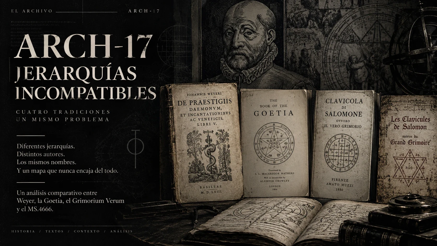 A portrait and four grimoire title pages arranged behind an open book.