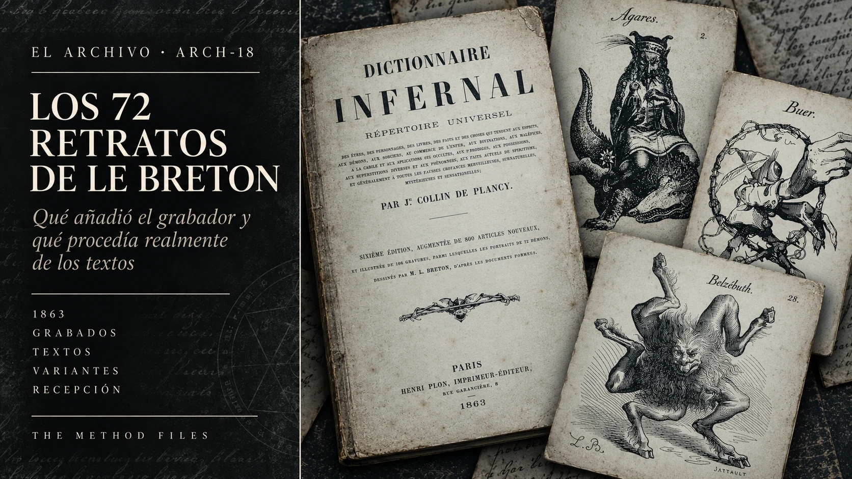 The Dictionnaire Infernal title page beside three labelled figure illustrations.