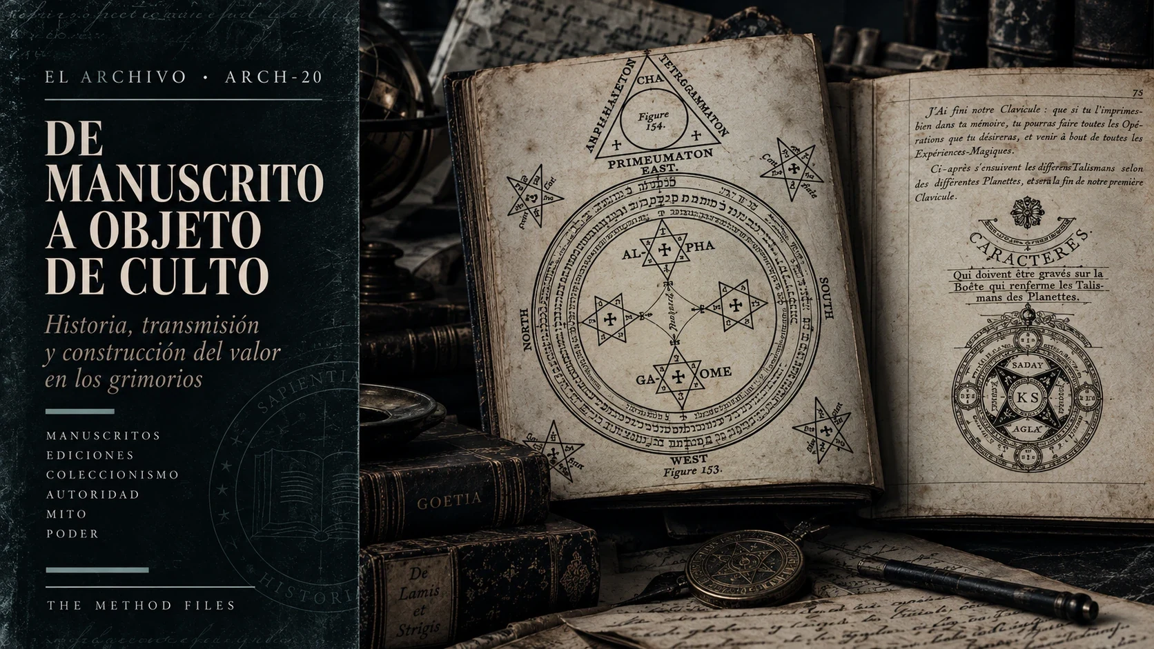 An open book of ritual diagrams on a desk with books and a pen.