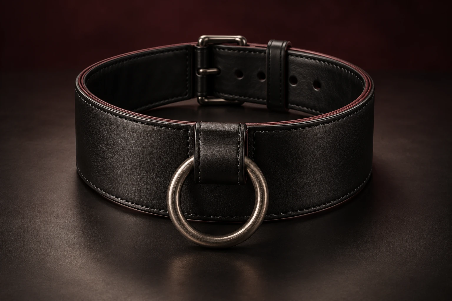 Collar de cuero negro con una anilla metálica sobre un fondo oscuro