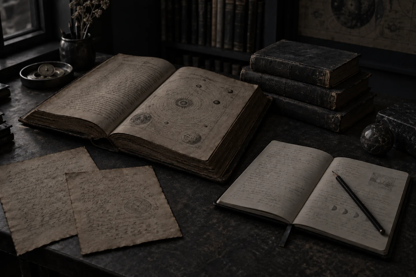 Composición ilustrativa de una mesa de investigación con libros, manuscritos y un cuaderno de notas