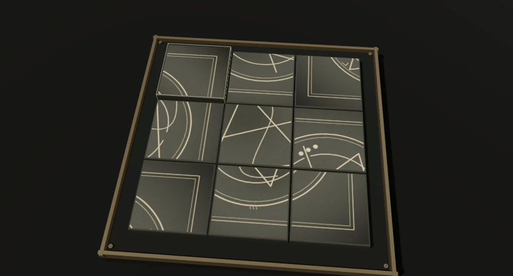 Nueve fragmentos tridimensionales con trazos geométricos sobre una base oscura