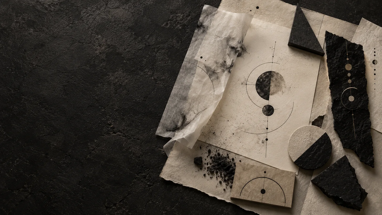 Artistic composition of overlapping papers, transparencies and symbolic shapes in charcoal and ivory