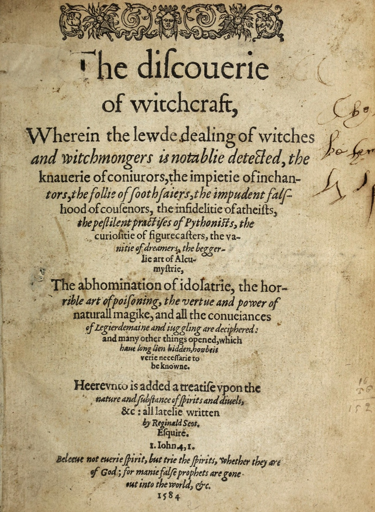 Portada de The Discoverie of Witchcraft de Reginald Scot, primera edición de 1584, obra que transmitió al inglés el catálogo de Weyer.