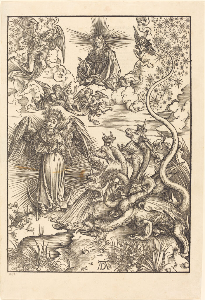 Dragón de siete cabezas del Apocalipsis, grabado de Albrecht Dürer, 1498