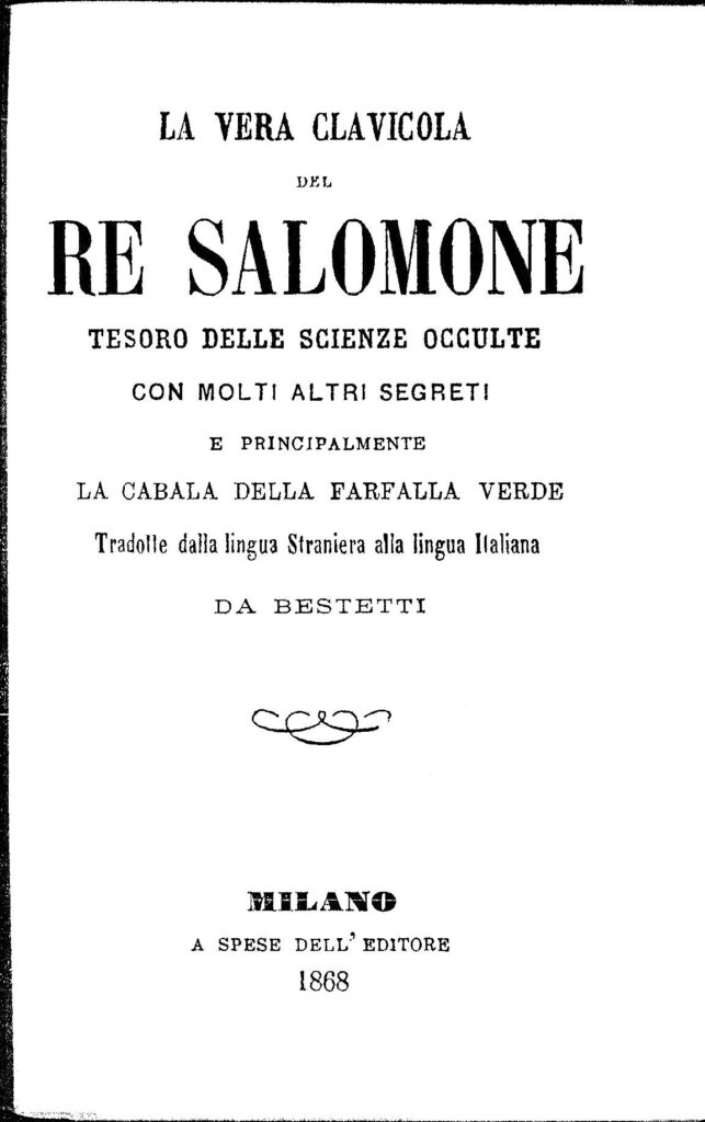 Portada de La Vera Clavicola del Re Salomone, edición Bestetti, Milán, 1868.
