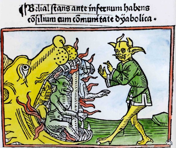 Belial ante la boca del Infierno representada como las fauces de Leviatán, 1473