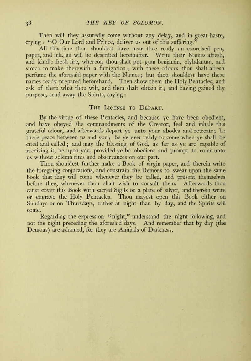 Página 38 de The Key of Solomon the King, edición de S. L. MacGregor Mathers de 1889, con la sección License to Depart.