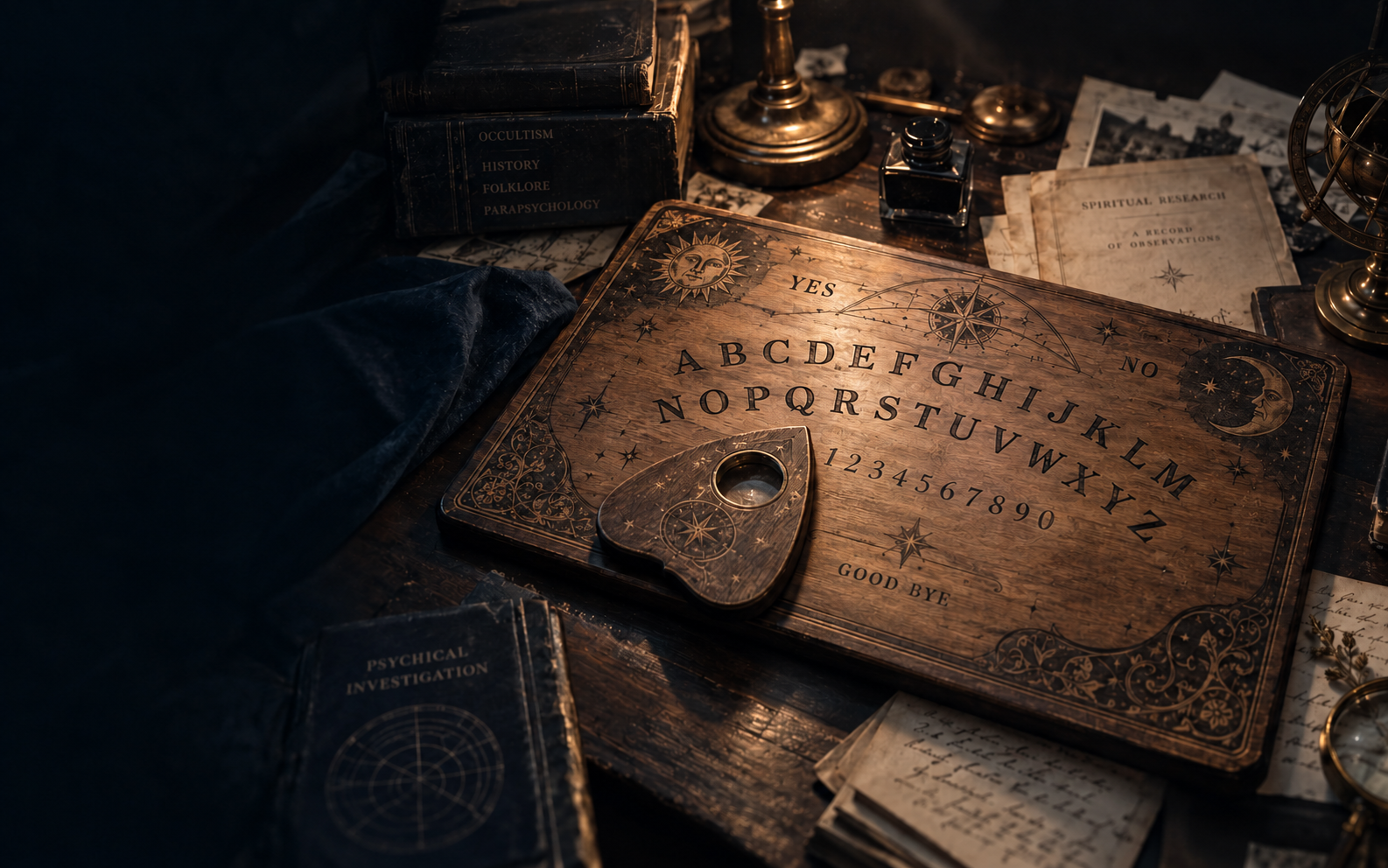 Gabinete de estudio de OUIJA con tablero de madera, libros y luz cálida